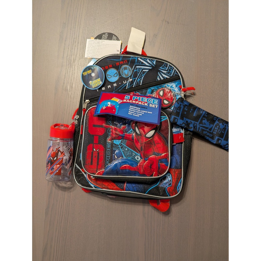 New Marvel Spider-Man 5 Piece Backpack Set Lunch Bag Water Bottle Supply Case